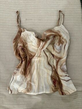 Women’s satin Marble-Print Cowl Neck Camisole in Brown and Cream